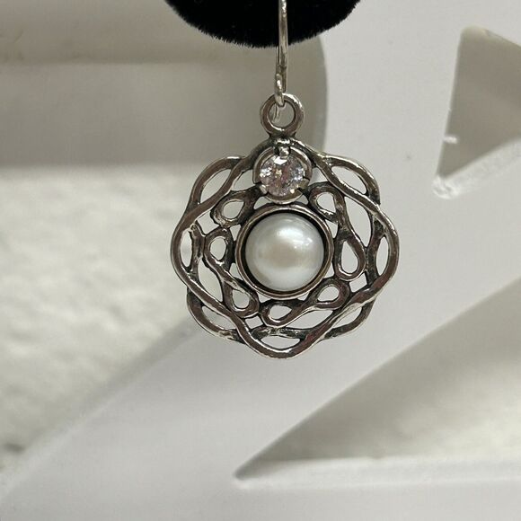 Didae Shablool Pearl CZ Modernist Dangle Earrings 925 Sterling Silver Signed - Picture 2 of 9